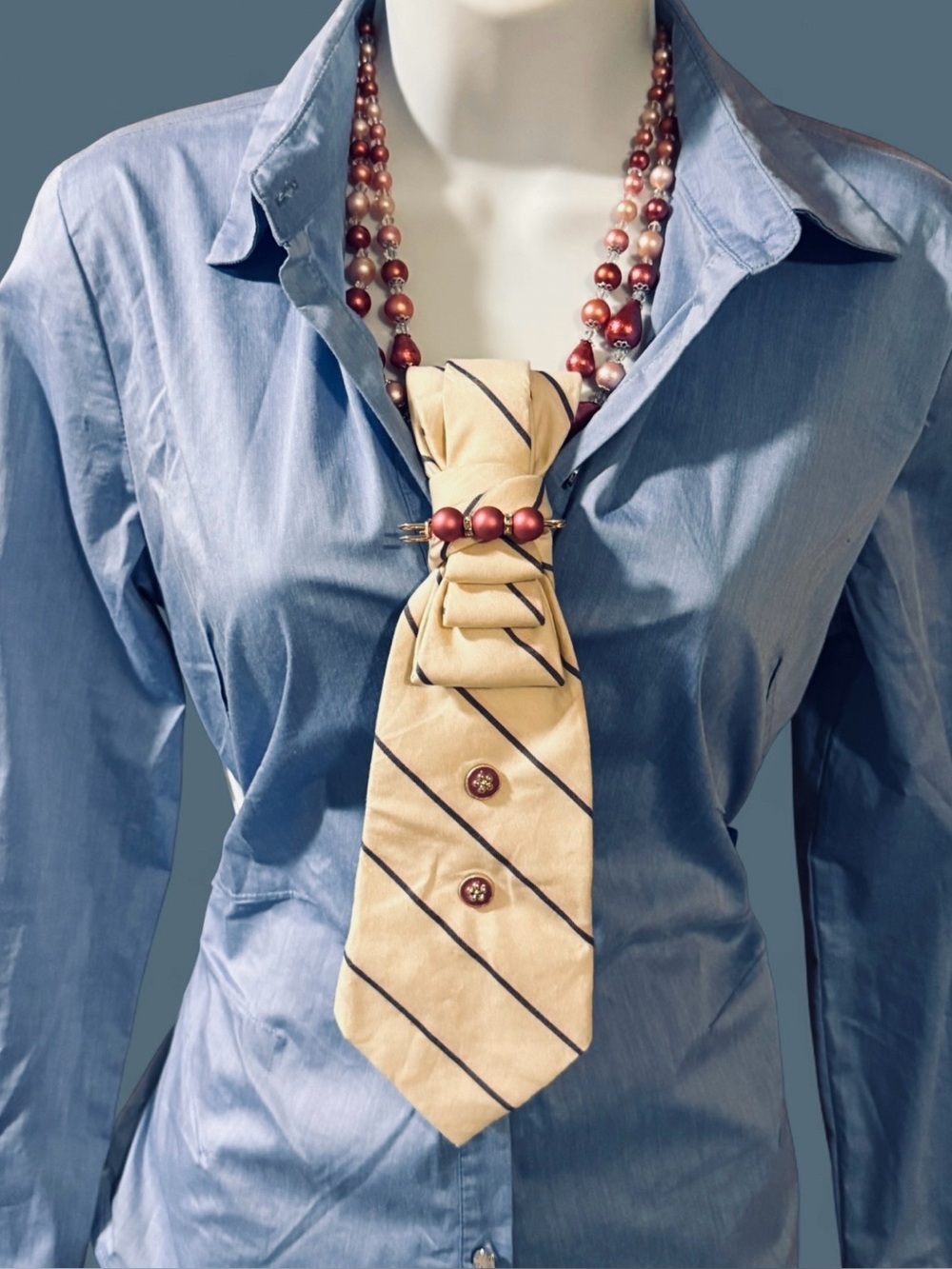 Hand Crafted Cream Vintage NeckTie Necklace Pink Pearl Accents Academic Preppy
